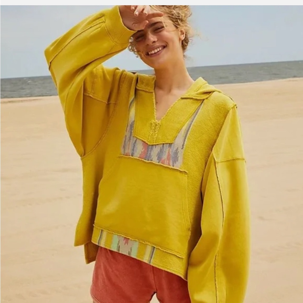 Free People FP Movement Hoodie Womens Medium Yellow Ikat Baja Pullover Boho